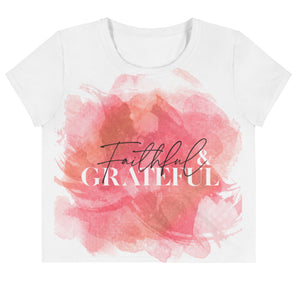 Open image in slideshow, Faithful &amp; Grateful - All-Over Print Crop Tee
